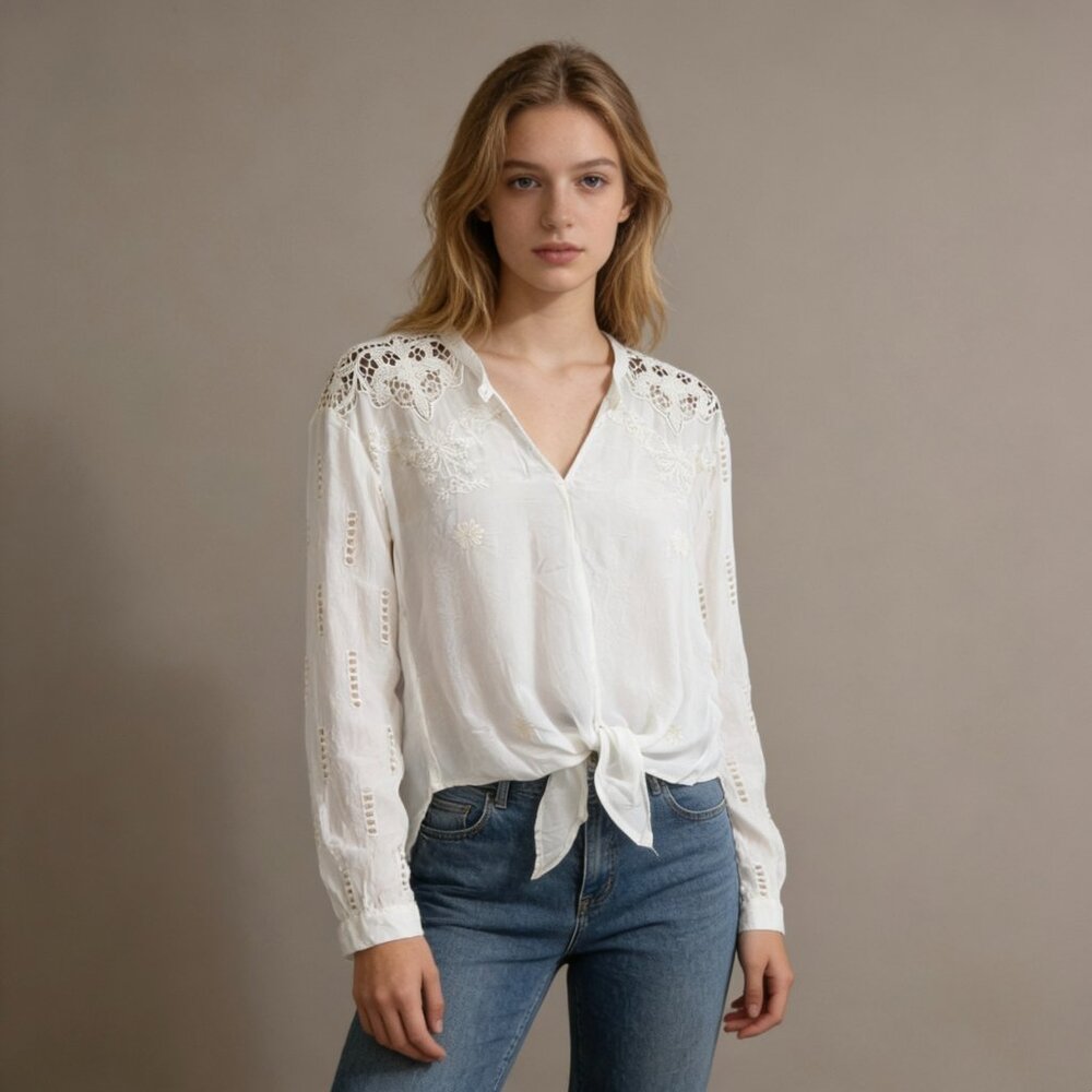 NWOT Johnny Was Heidine Tie Embroidered Floral Cream Shirt Blouse Size S